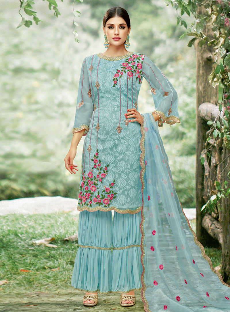 Aqua Tissue Sharara Style Suit 148681
