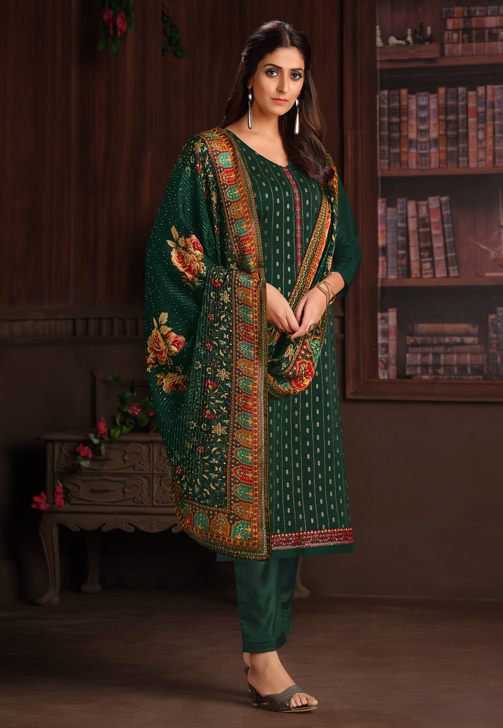 Green Chinon Kameez With Pant 242261