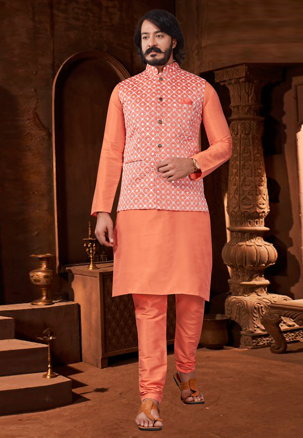 Orange Art Silk Lakhnavi Kurta Pajama With Jacket 239921
