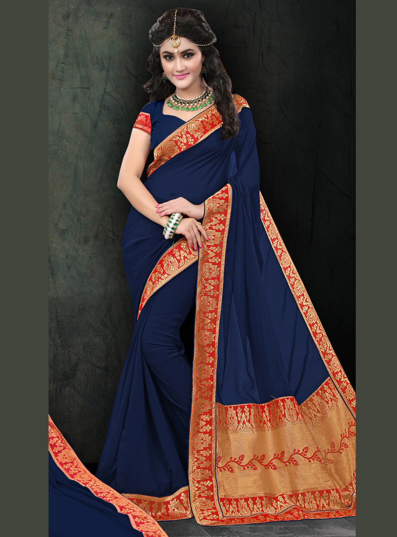 Navy Blue Georgette Saree With Blouse 93108