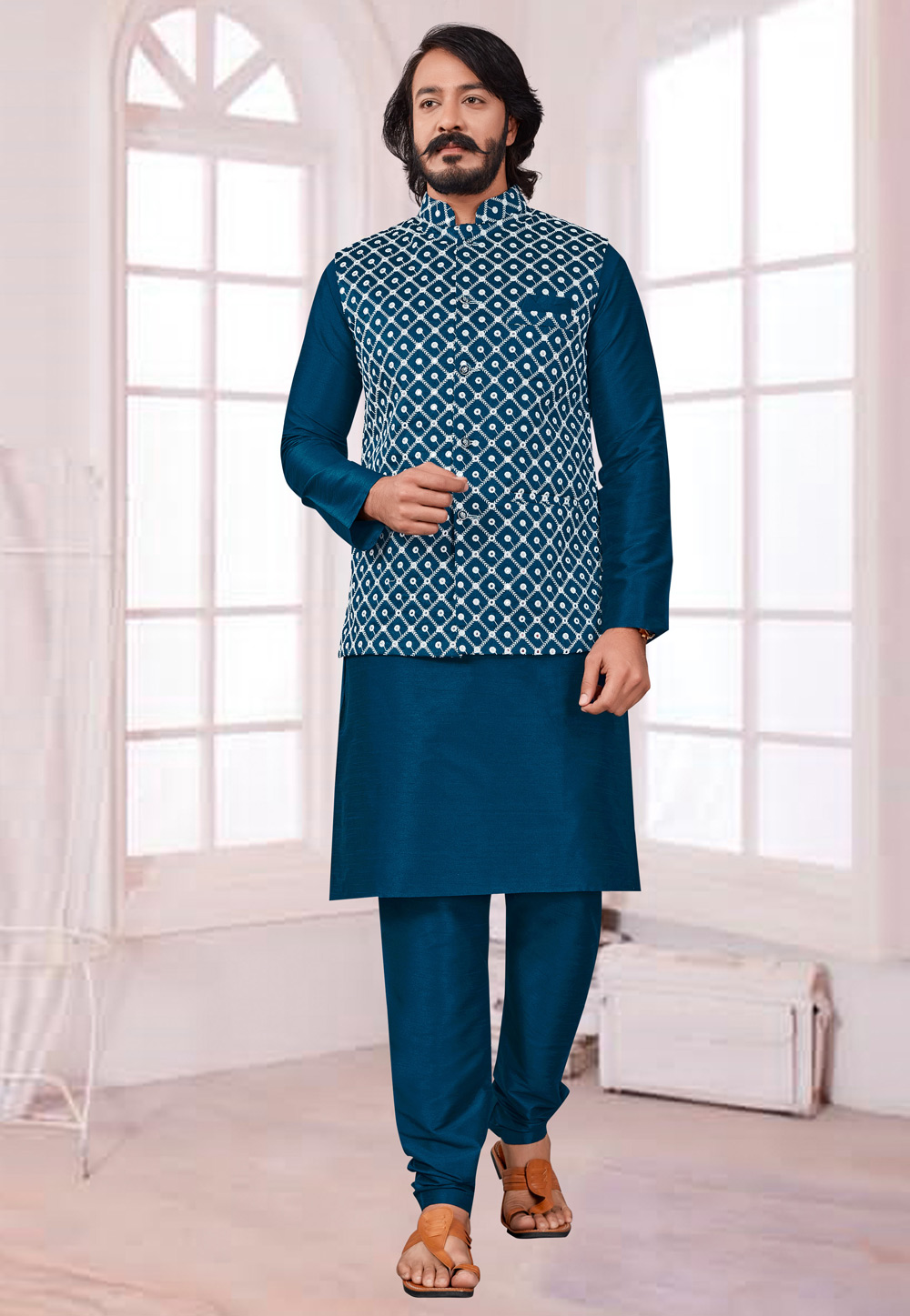 Blue Art Silk Lakhnavi Kurta Pajama With Jacket 239923