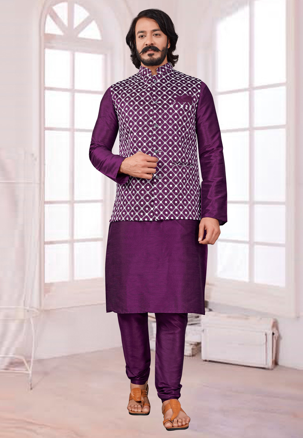 Purple Art Silk Lakhnavi Kurta Pajama With Jacket 239925