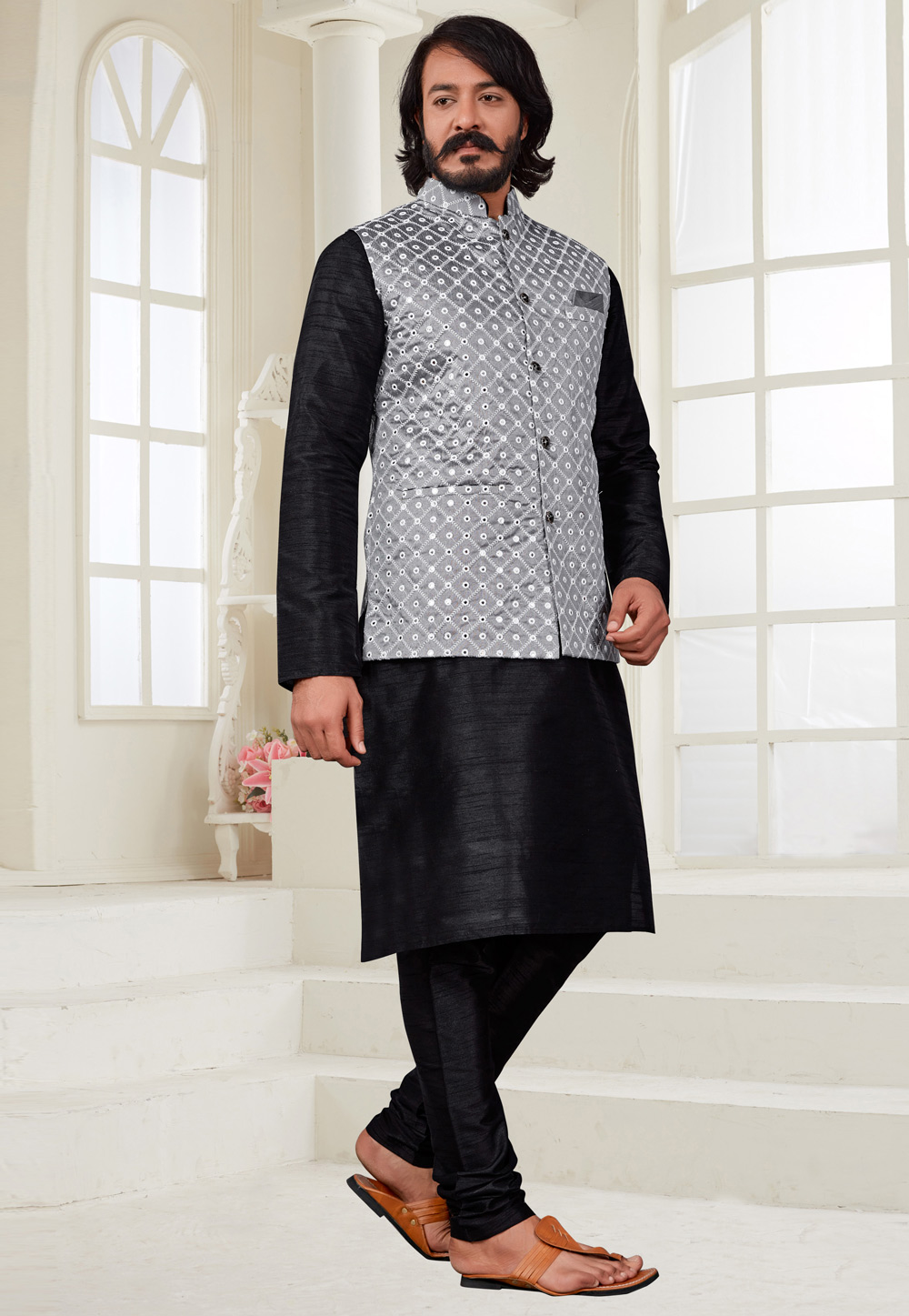 Black Art Silk Lakhnavi Kurta Pajama With Jacket 239927