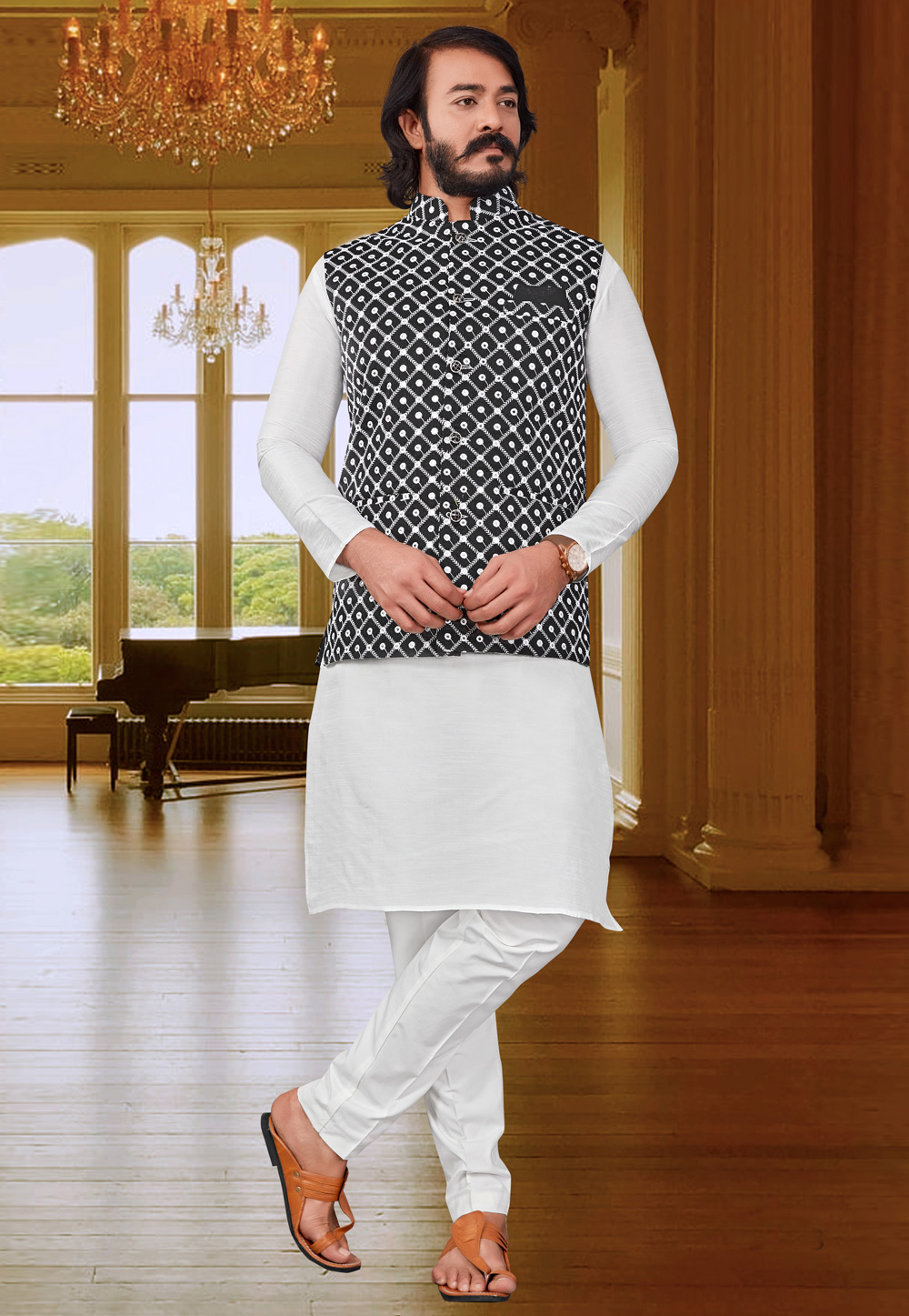 White Art Silk Kurta Pajama With Jacket 239928
