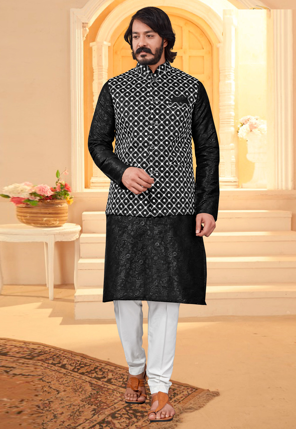 Black Art Silk Lakhnavi Kurta Pajama With Jacket 239929
