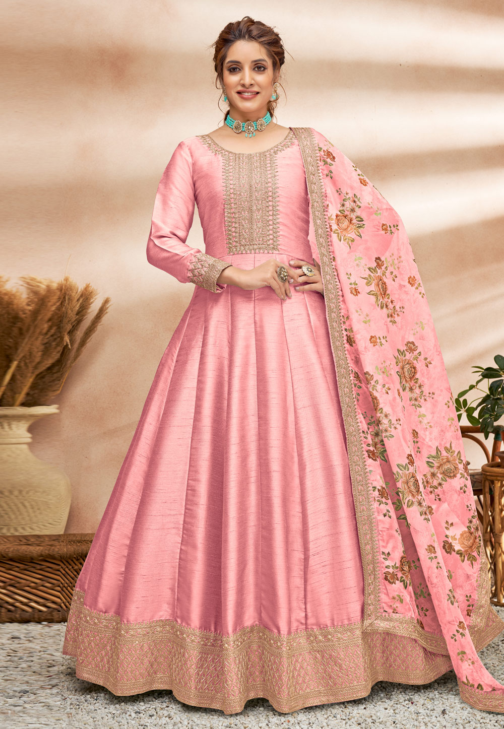 Pink Art Silk Abaya Style Anarkali Suit 252550