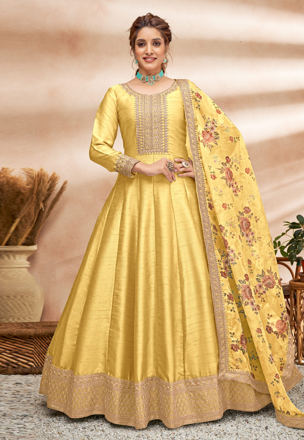 Yellow Art Silk Long Anarkali Suit 252551