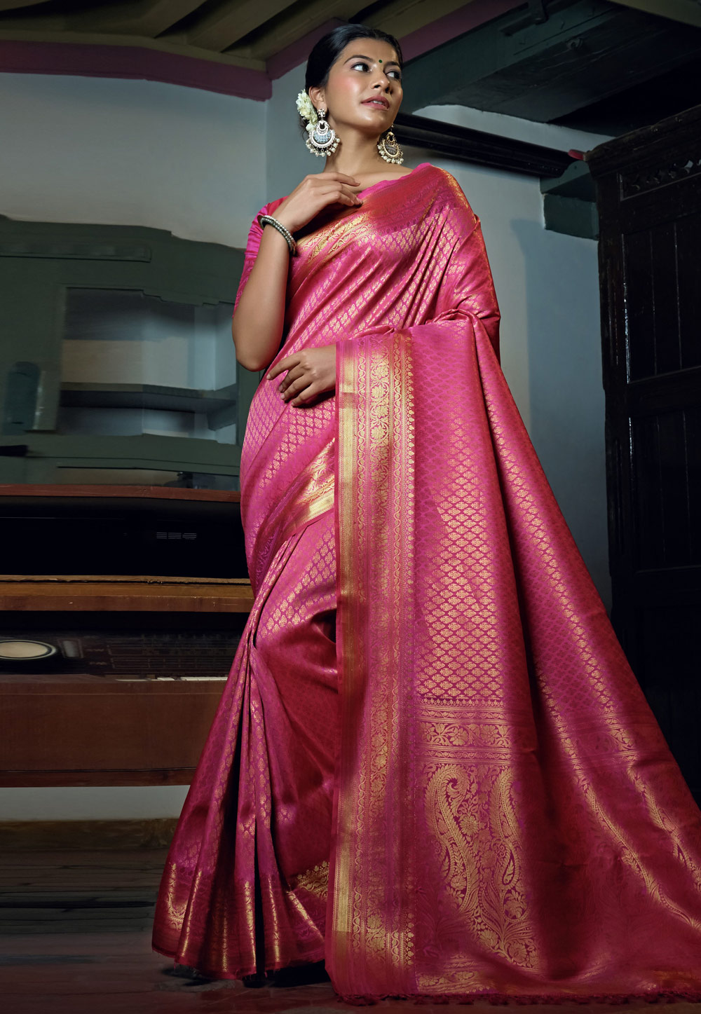 Pink Kanjivaram Silk Saree With Blouse 258434