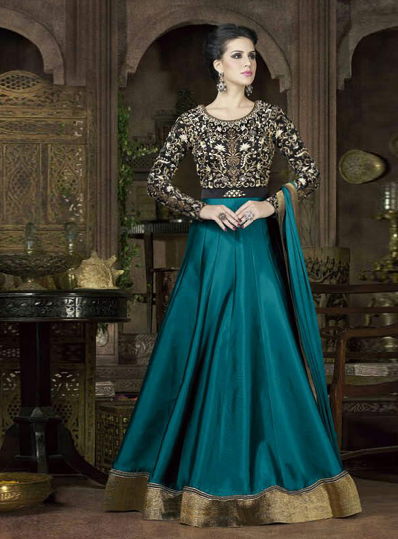 Turquoise Silk Long Party Wear Gown 76487