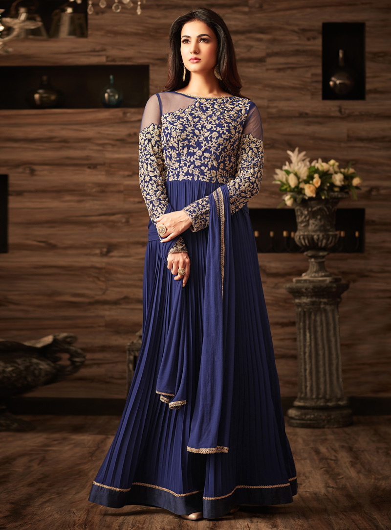 Sonal Chauhan Navy Blue Georgette Long Anarkali Suit 104353