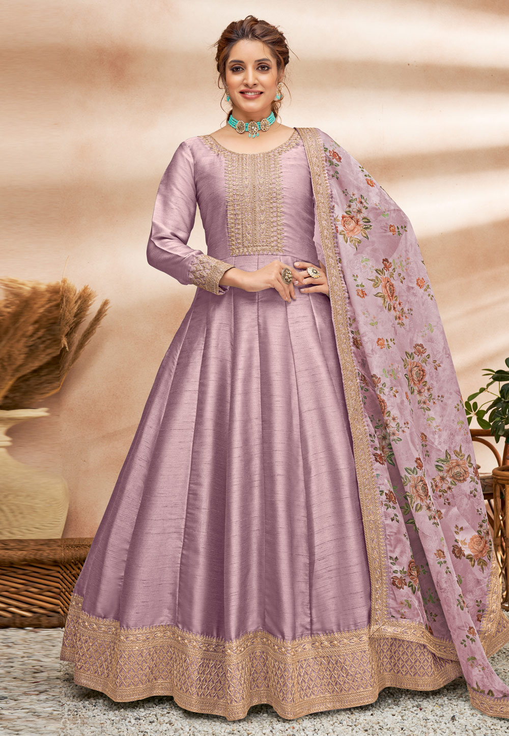 Light Purple Art Silk Long Anarkali Suit 252553