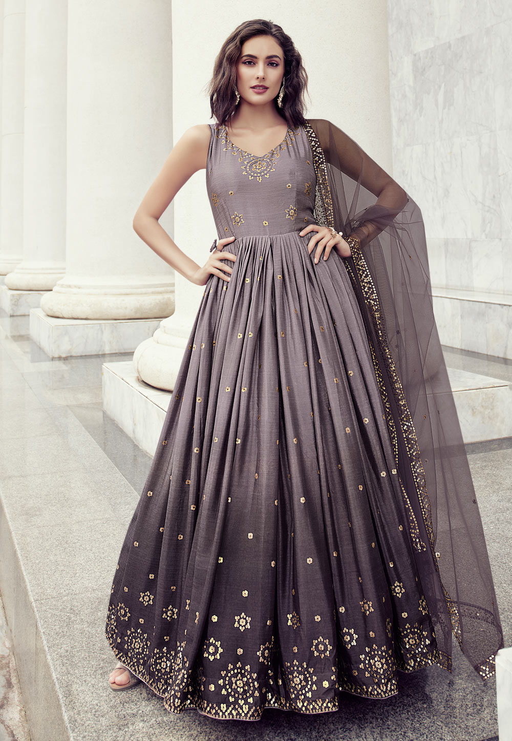 Light Purple Embroidered Gown – Tirumala Designers