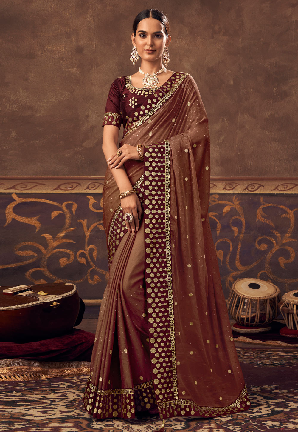 Brown Chinon Saree With Blouse 248105