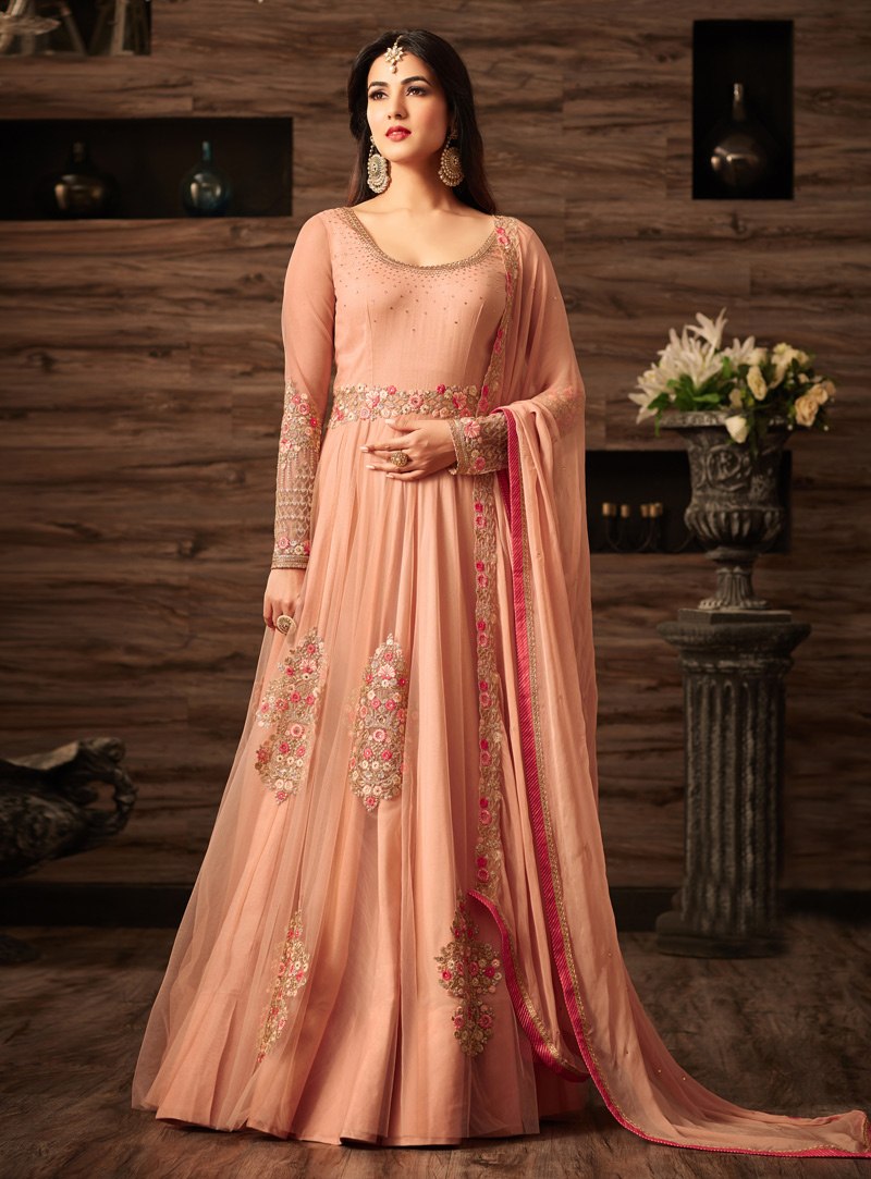 Sonal Chauhan Peach Net Floor Length Anarkali Suit 104355