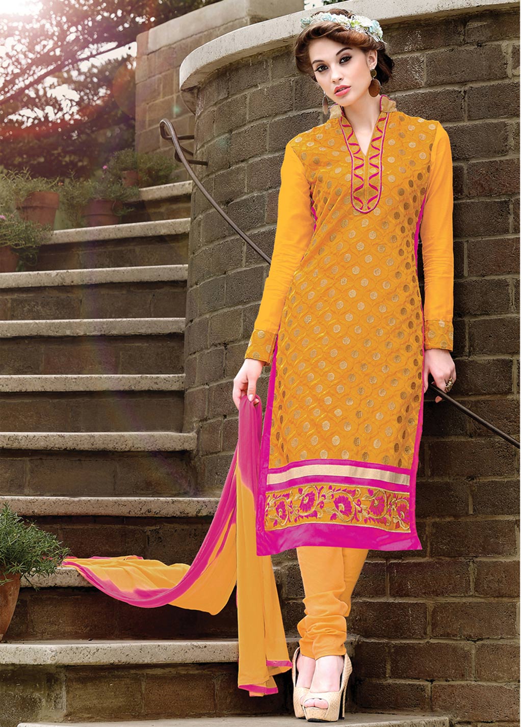 Orange Chanderi Silk Churidar Suit 57694