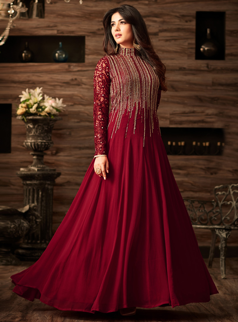 Sonal Chauhan Maroon Net Long Anarkali Suit 104356