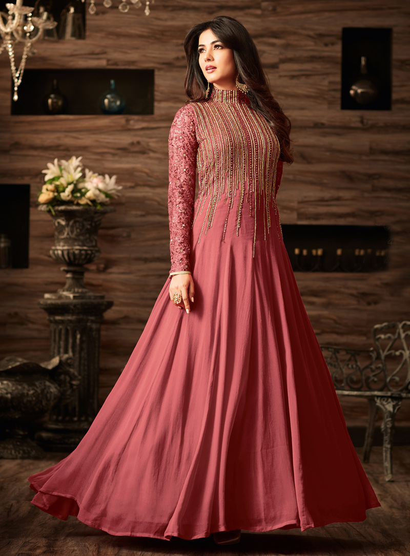 Sonal Chauhan Pink Net Long Anarkali Suit 112136