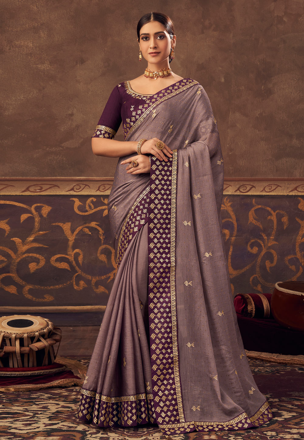 Lavender Chinon Saree With Blouse 248108