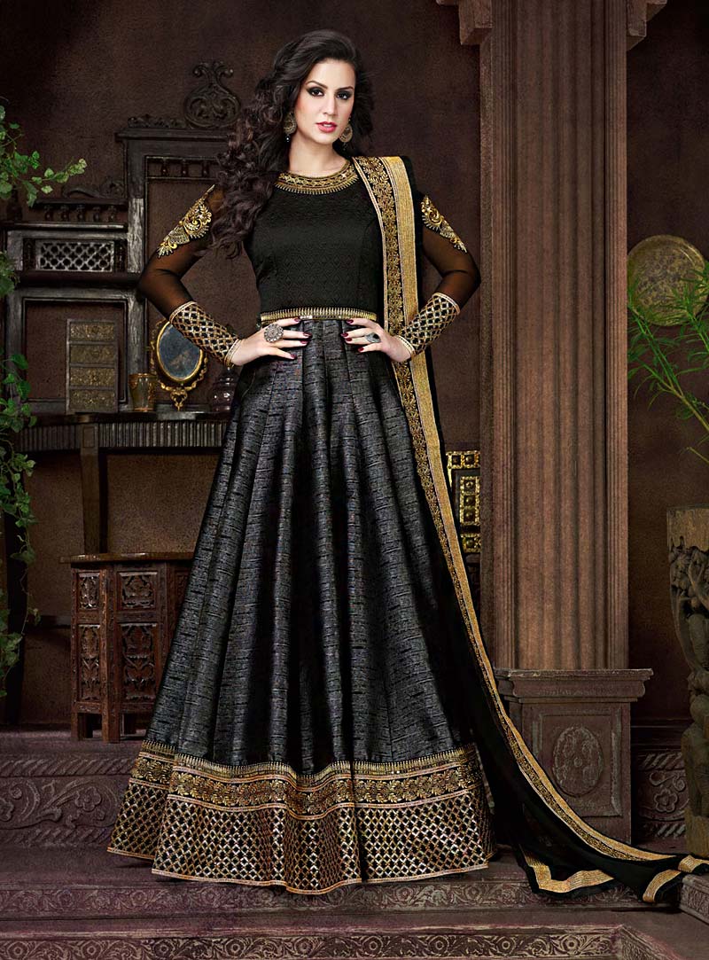 Black Silk Floor Length Anarkali Suit 71629