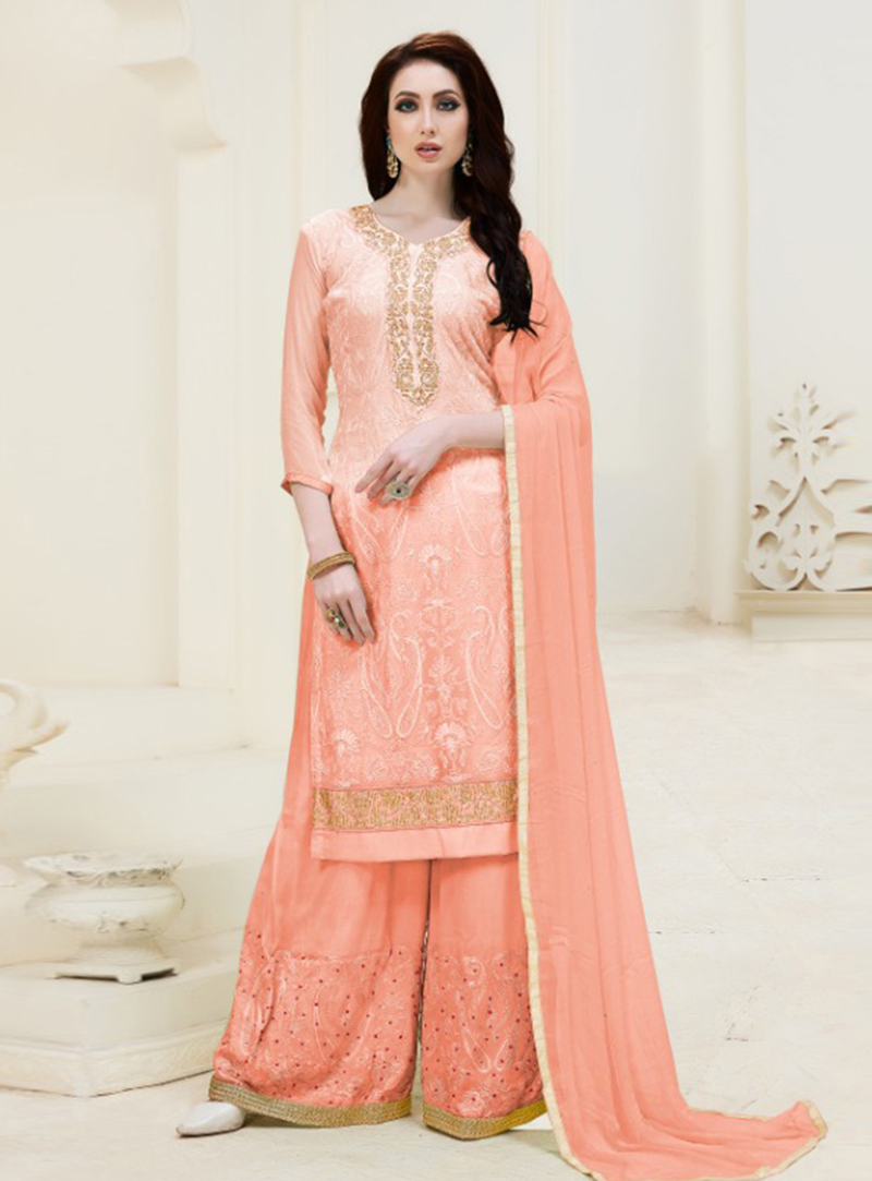 Peach Georgette Kameez With Palazzo 139377