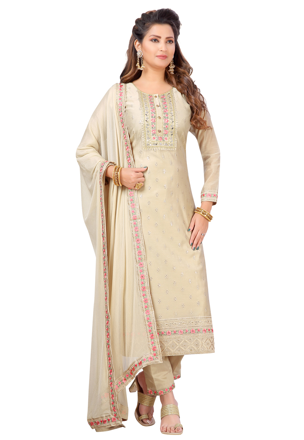 Beige Chanderi Readymade Pant Style Suit 224485