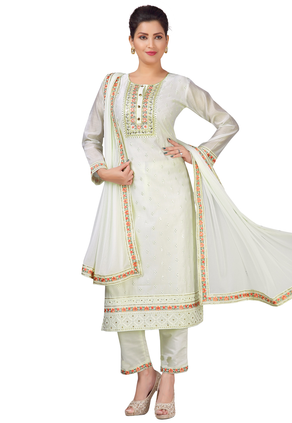 Off White Chanderi Readymade Pant Style Suit 224487