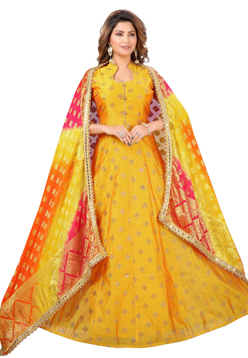 Yellow Chanderi Readymade Floor Length Anarkali Suit 224489