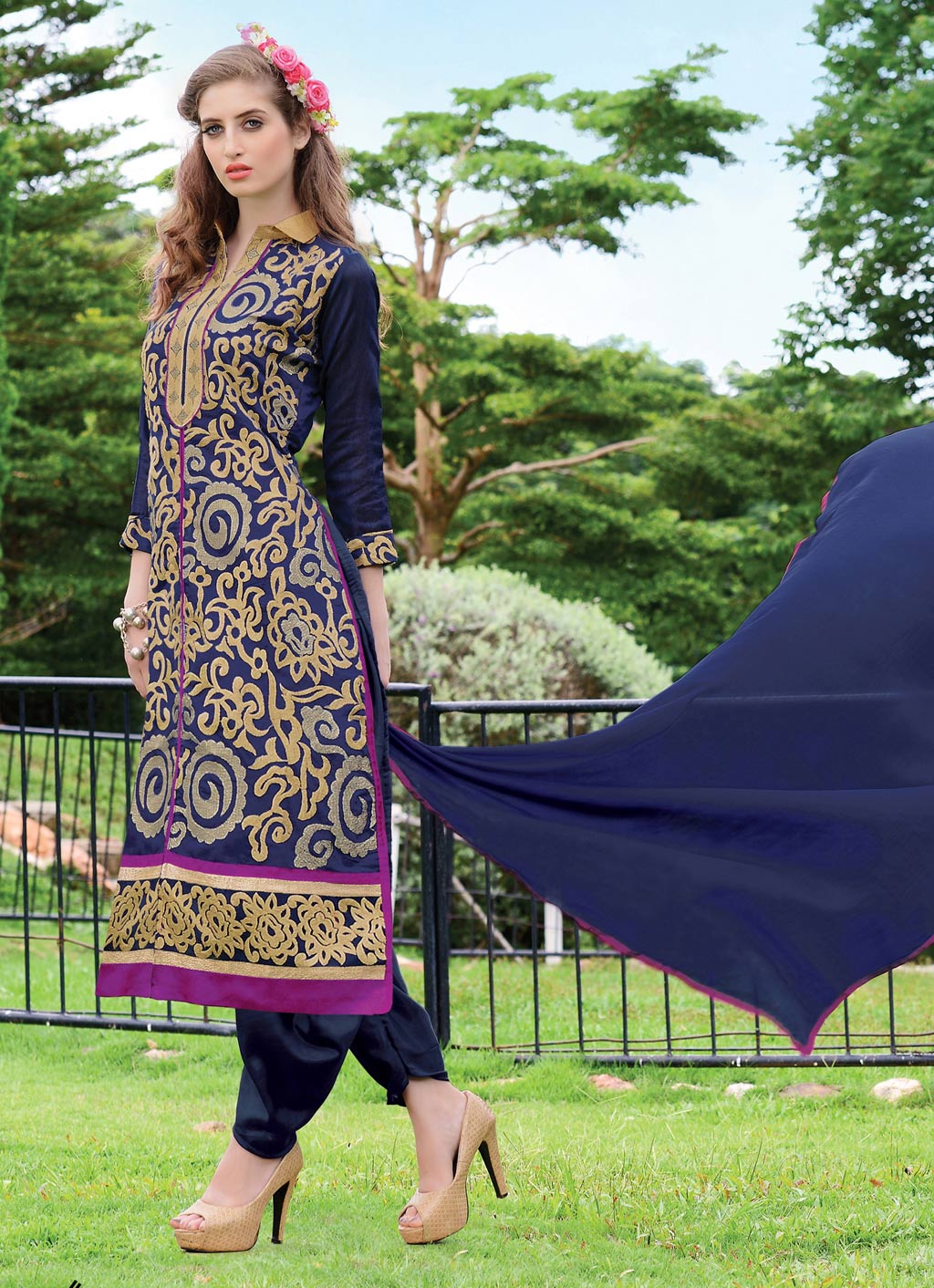 Navy Blue Chanderi Silk Punjabi Suit 57701