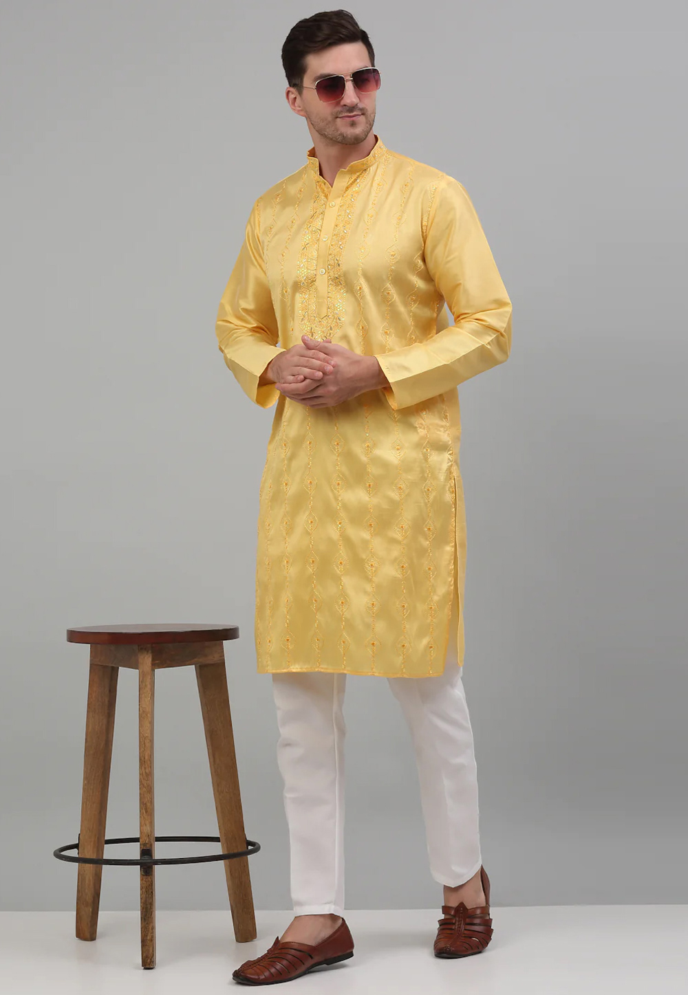 Yellow Silk Cotton Kurta Pajama 267018