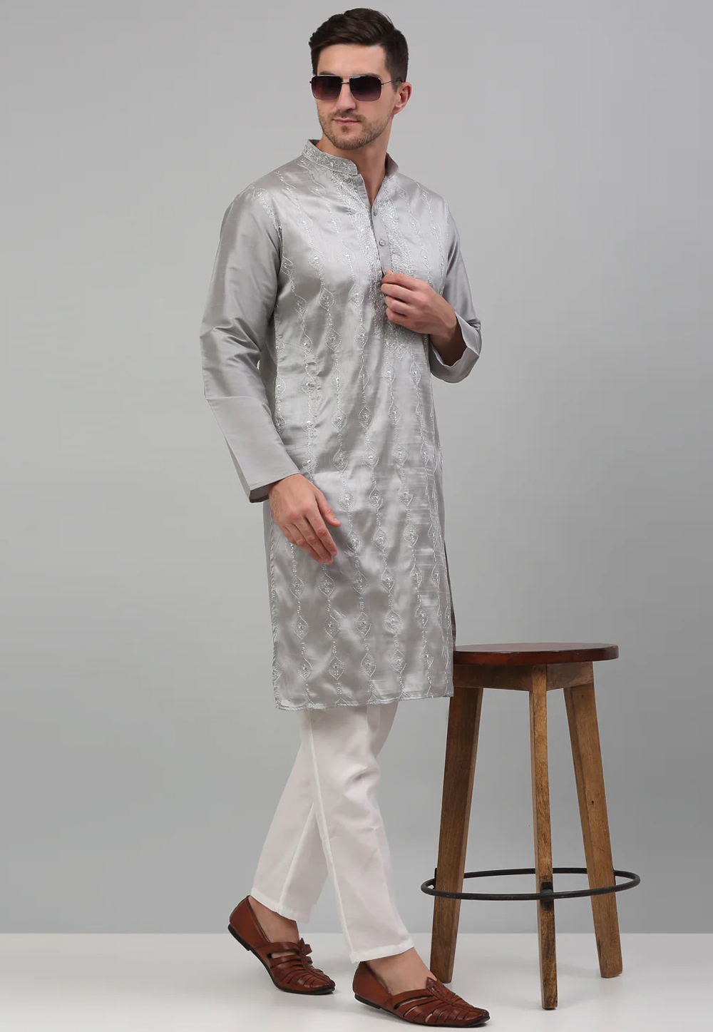 Grey Silk Cotton Kurta Pajama 267019