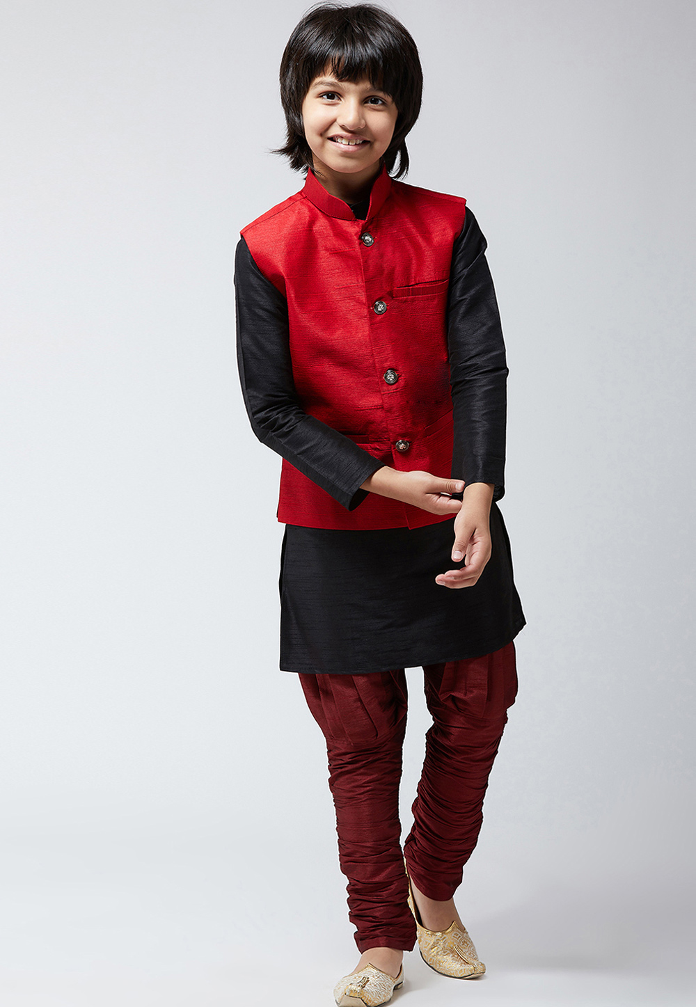 Black Silk Kids Readymade Kurta Pajama With Nehru Jacket 190730