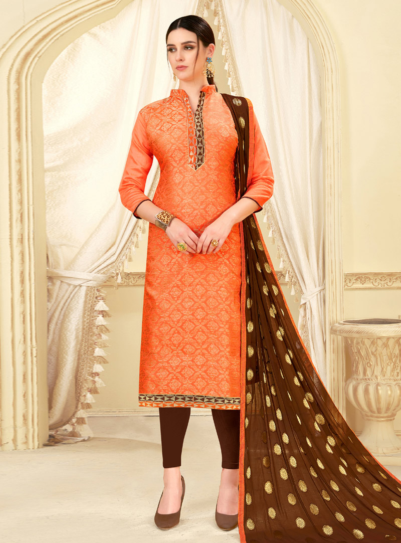 Orange Banarasi Silk Churidar Suit 149095