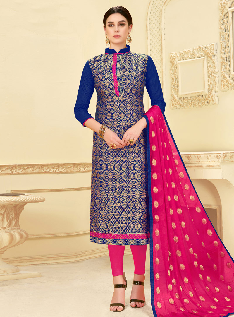Blue Banarasi Silk Churidar Suit 149097