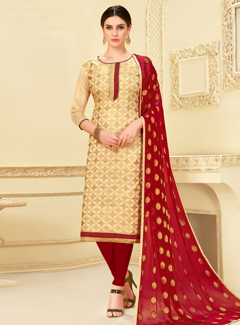 Beige Banarasi Silk Churidar Suit 149099