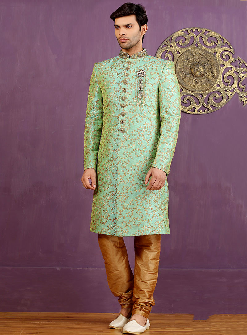 Light Green Jacquard Achkan Style Sherwani 88122