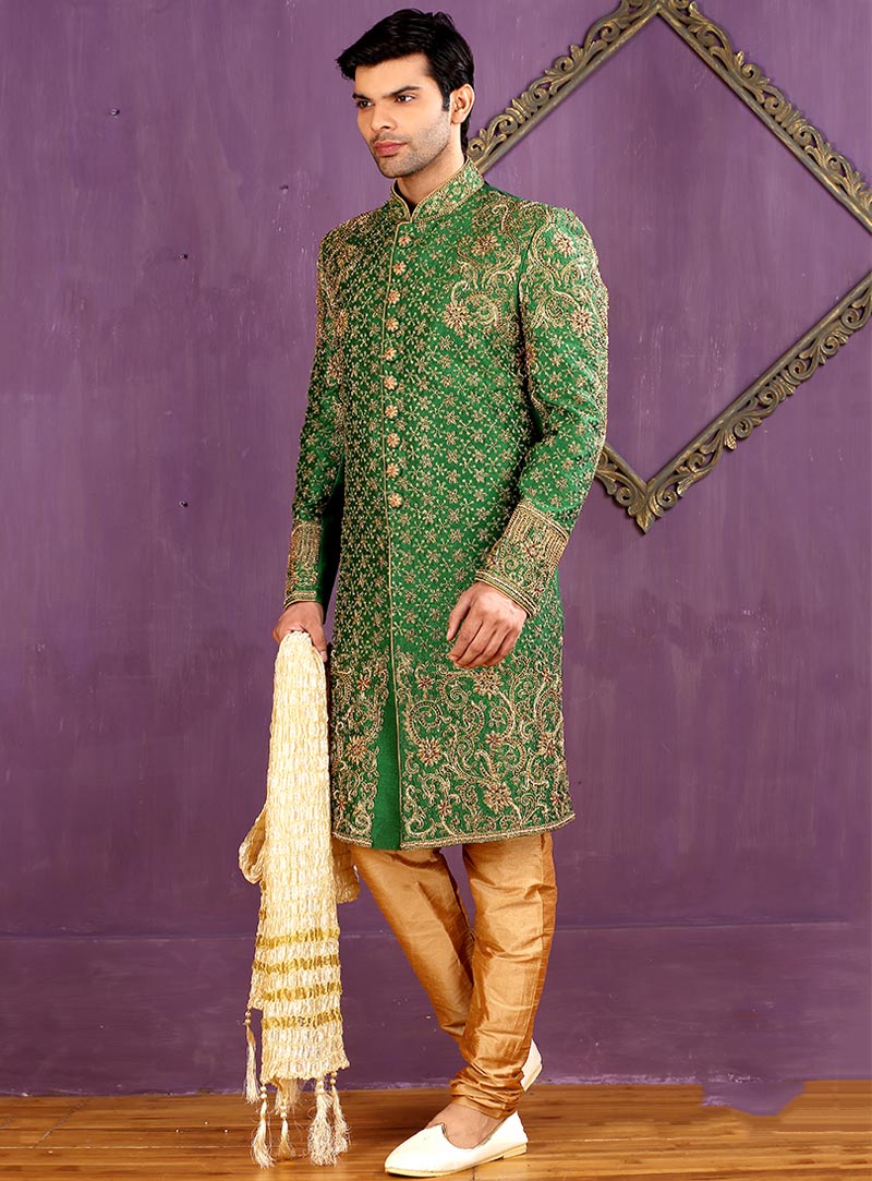 Green Banarasi Silk Achkan Style Sherwani 88125