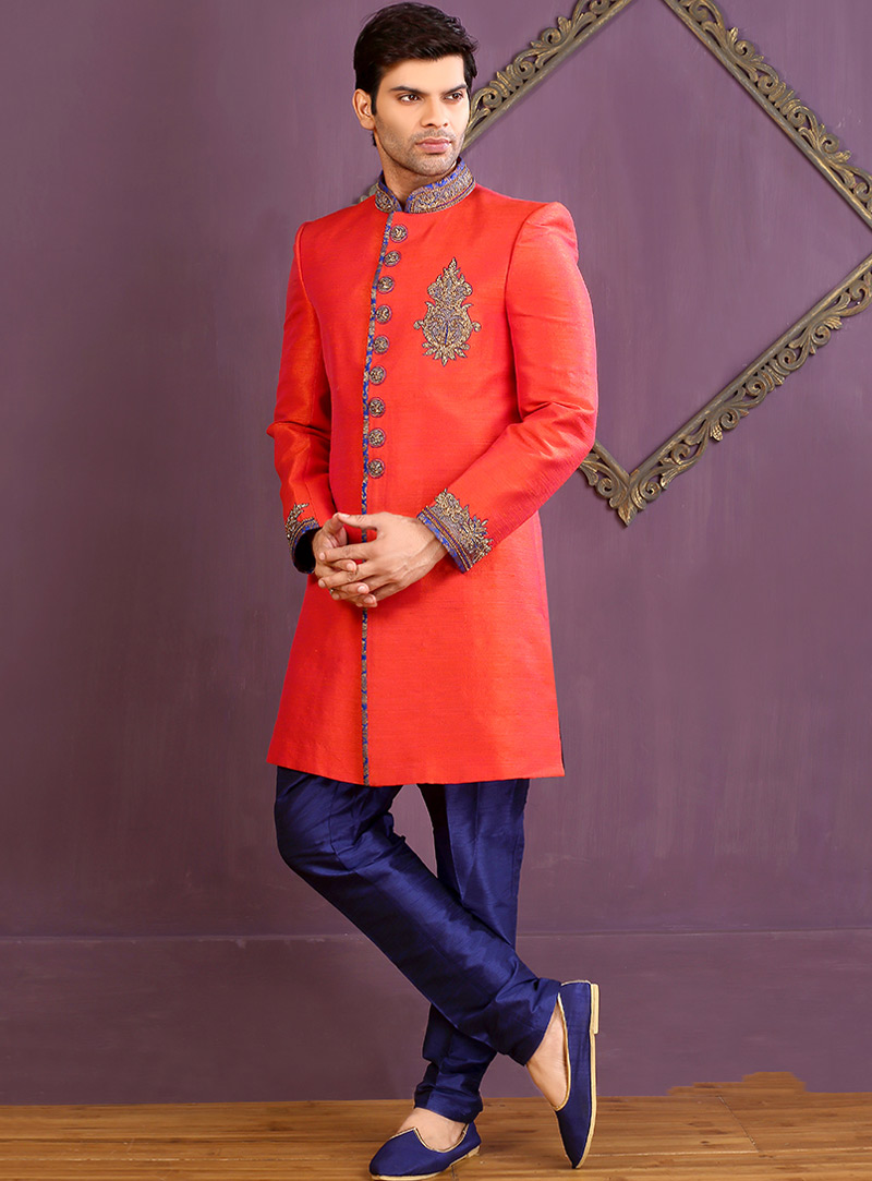 Orange Banarasi Silk Achkan Style Sherwani 88141