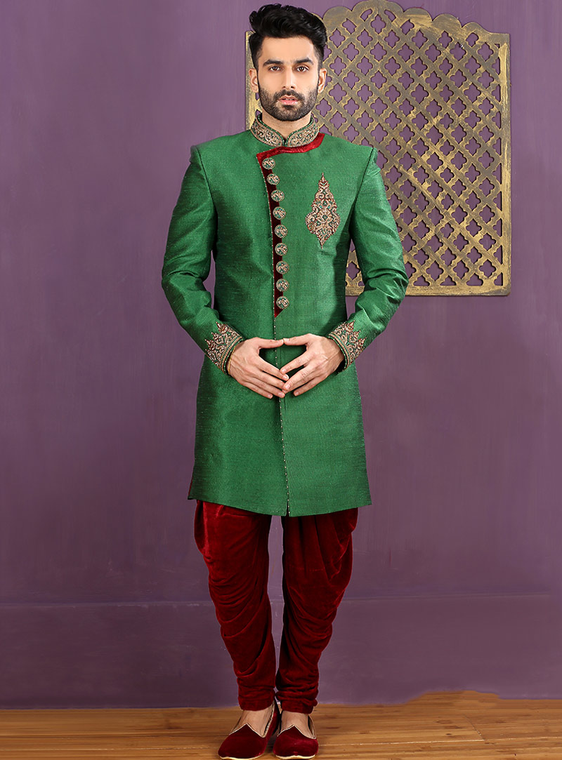 Green Banarasi Silk Achkan Style Sherwani 88142