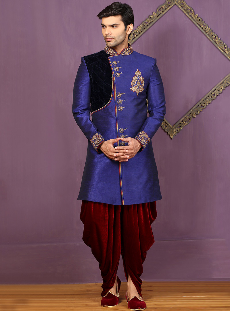 Blue Banarasi Silk Dhoti Style Achkan Sherwani 88143