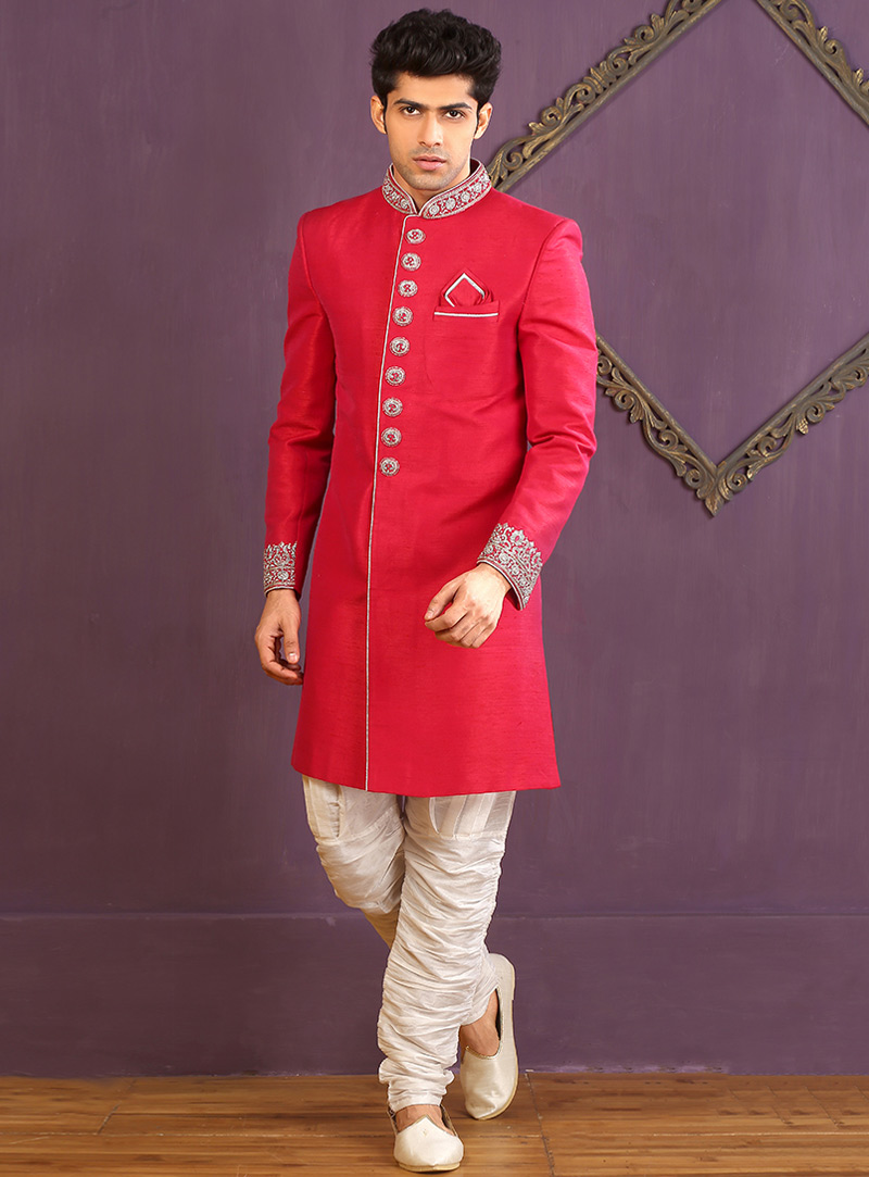 Pink Banarasi Silk Achkan Style Sherwani 88144