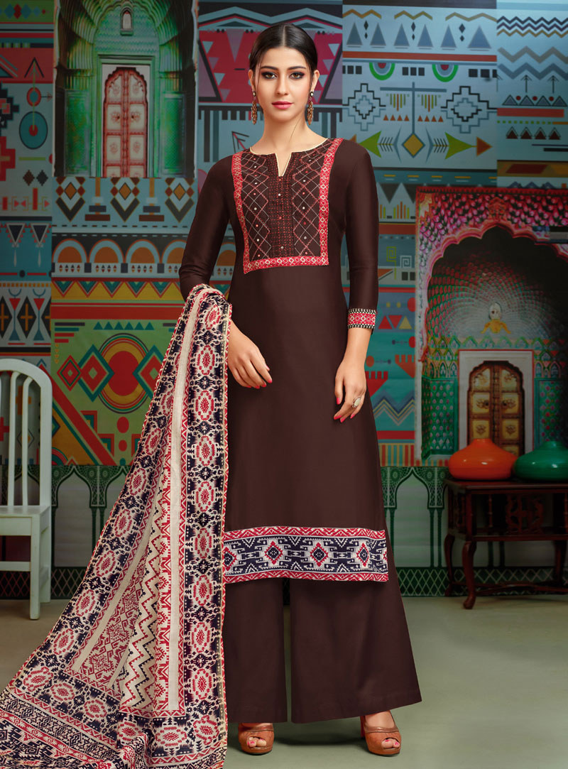 Brown Chanderi Palazzo Style Suit 149076