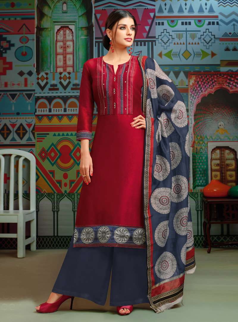 Red Chanderi Palazzo Style Suit 149078
