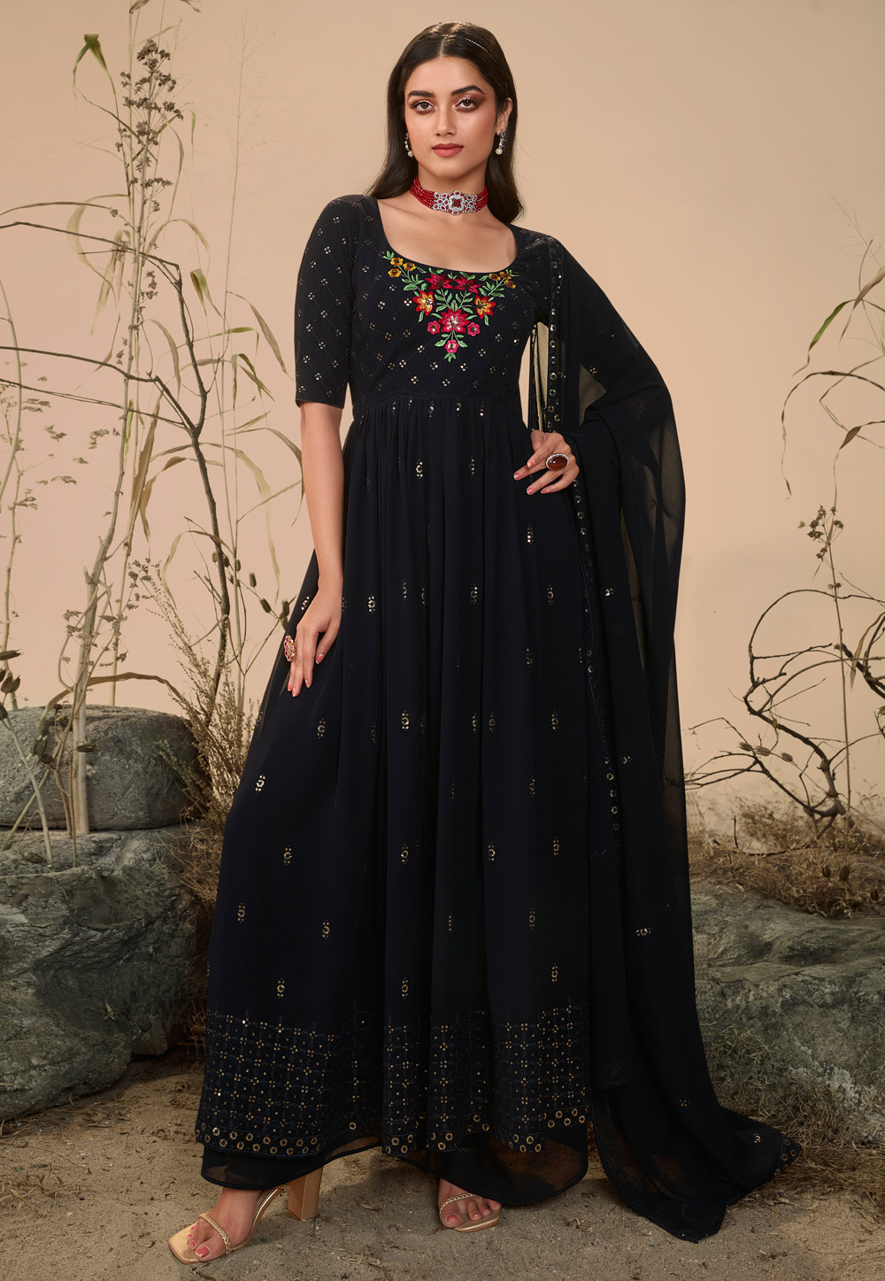 Navy Blue Georgette Palazzo Suit 258835