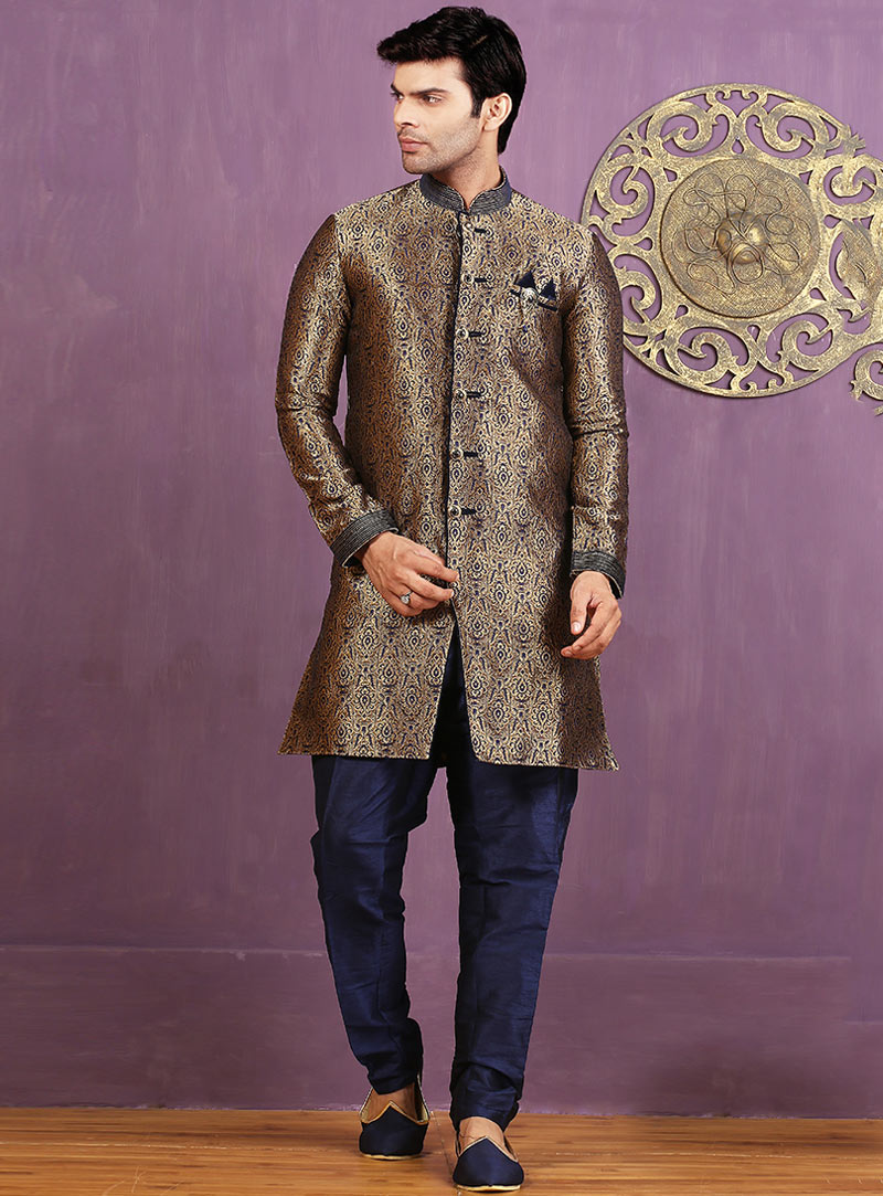 Golden Jacquard Achkan Style Sherwani 88417