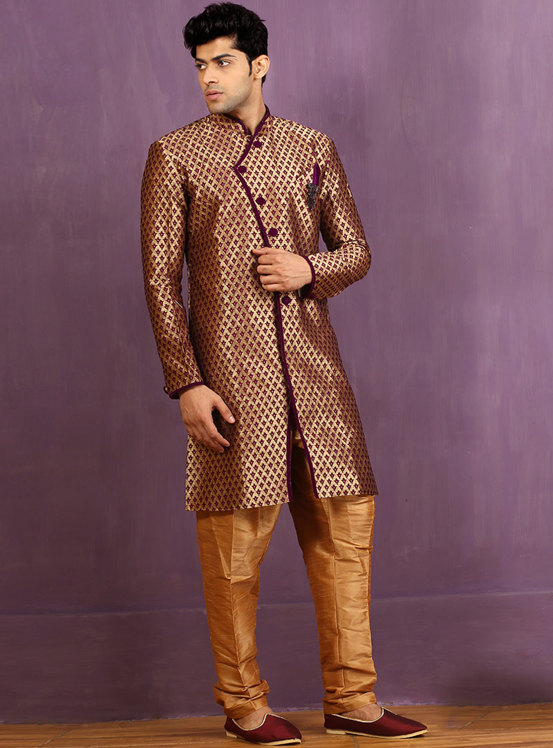 Purple Jacquard Achkan Style Sherwani 88418