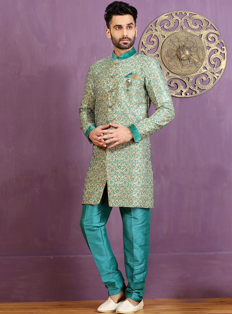 Turquoise Jacquard Achkan Style Sherwani 88419