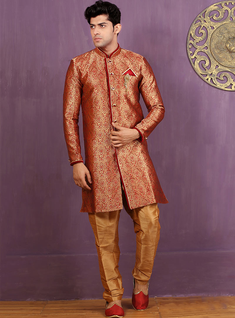 Red Jacquard Achkan Style Sherwani 88420