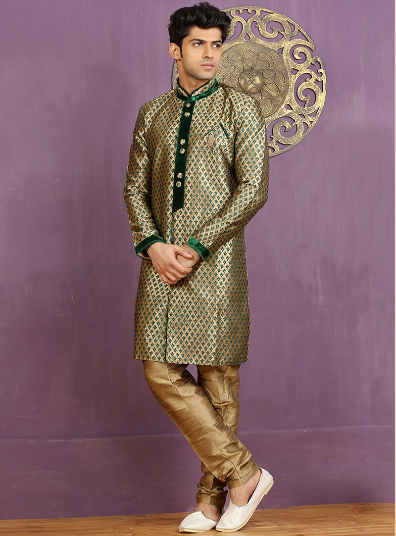 Green Jacquard Achkan Style Sherwani 88425