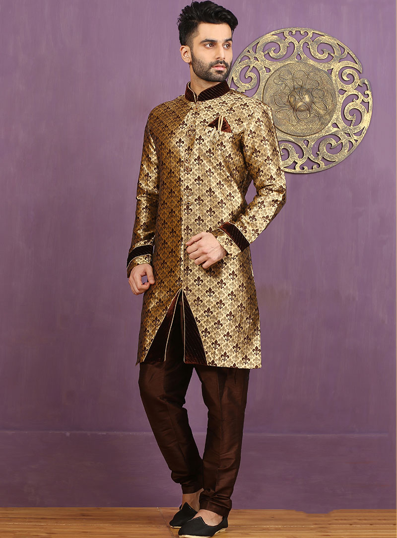 Brown Jacquard Achkan Style Sherwani 88426