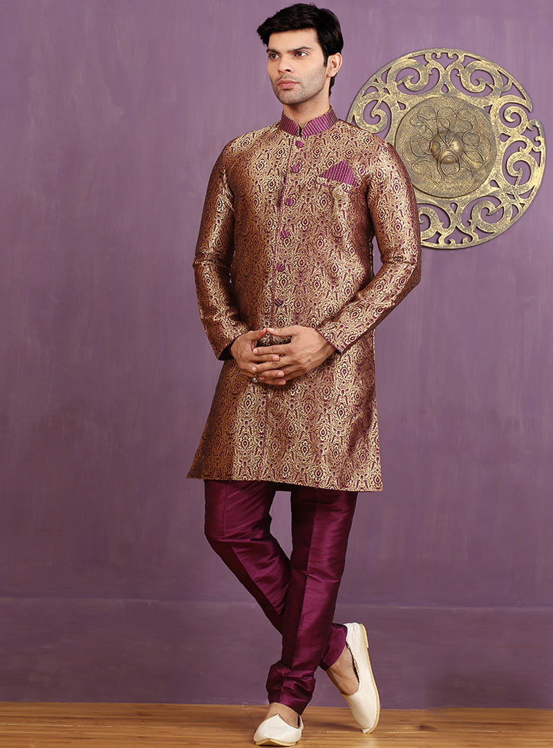Purple Jacquard Achkan Style Sherwani 88429